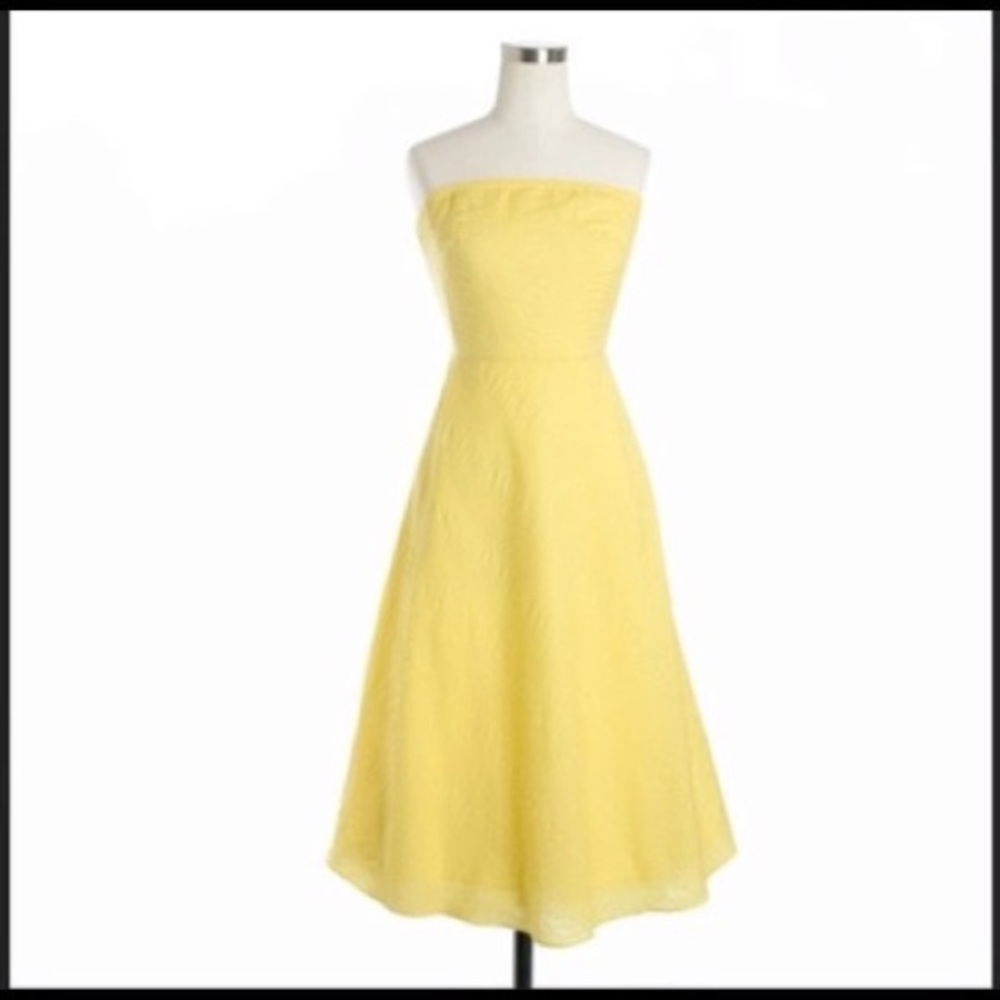 Y2K J. Crew Strapless Yellow Floral Eyelet Lace Seersucker Midi Dress A-Line